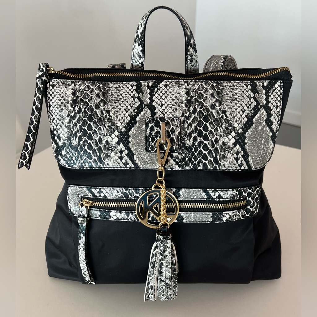 Kate Landry Black And White Snakeskin Accent Backpack